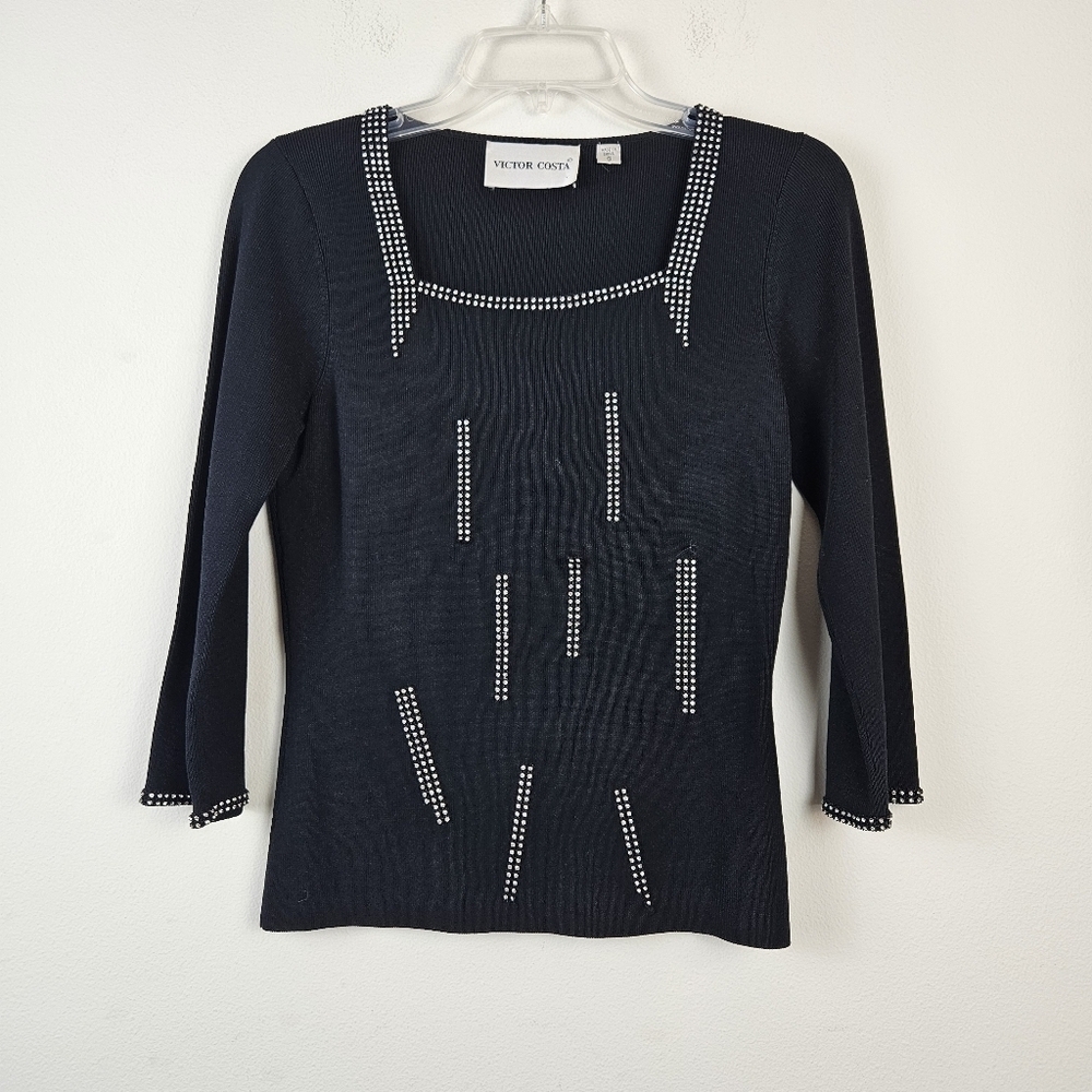 VICTOR COSTA VINTAGE Crystal details Knit Black Top Size Small